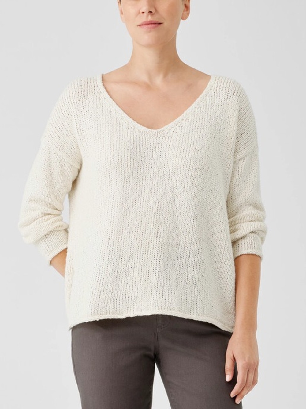 Eileen Fisher Peruvian Organic Cotton Crimp V-Neck Knit Sweater Cream White Ecru